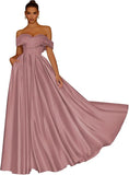 Damen Schulterfreies Satin-Ballkleid, lang, V-Ausschnitt, A-Linie, formelles Abendkleid mit Taschen, Ballkleid 