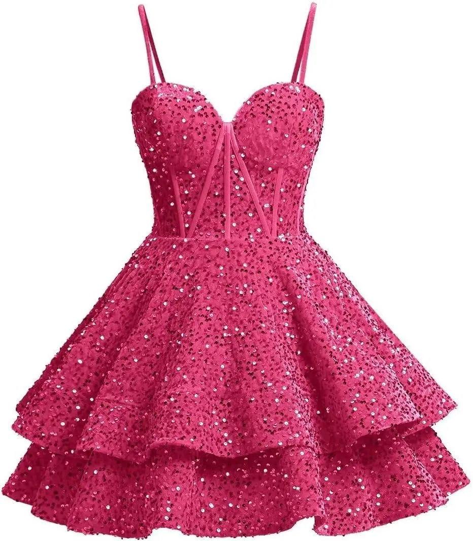 Vestidos de fiesta de graduación con lentejuelas brillantes para adolescentes, tirantes finos, corsé, vestido de cóctel con capas brillantes 
