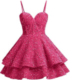 Vestidos de fiesta de graduación con lentejuelas brillantes para adolescentes, tirantes finos, corsé, vestido de cóctel con capas brillantes 