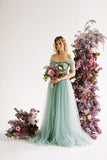 Sage green tulle wedding gown with detachable long puff sleeves Alternative full bridal dress party formal dress women evening
