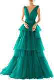Vestidos de fiesta largos con escote en V doble para mujer, 2025, de tul escalonado, corte A, plisados, formales, para fiesta de noche. 
