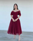Tulle Sweetheart A-line Evening Dresses Off the Shoulder Tea-Length Formal Dress With Pleats & Bow Elegant Lace Up Prom Gowns