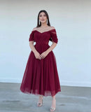 Tulle Sweetheart A-line Evening Dresses Off the Shoulder Tea-Length Formal Dress With Pleats & Bow Elegant Lace Up Prom Gowns