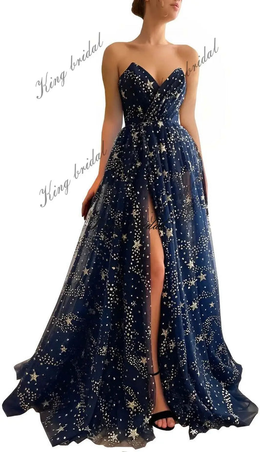 Vestidos de fiesta de tul con estrellas y brillo para mujer, hechos a medida, sin tirantes, con abertura, formales, de noche, para boda, largos, con escote en forma de corazón 