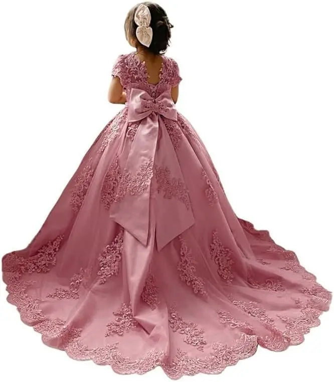 Blumenmädchenkleid für Mädchen zur Hochzeit, Applikationen, Tüll, Festzugskleider, kurze Ärmel, Ballkleid mit Schleife, Prinzessinnenkleid 