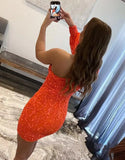 Vestidos de fiesta de encaje con lentejuelas brillantes para adolescentes, mangas abullonadas, un hombro, minivestido de cóctel para graduación, vestidos de noche 