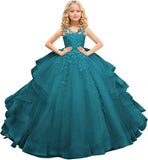 Tüll Prinzessin Ärmellose Festzugskleider Lange Spitze Applique Blumenmädchen Kleid Kinder Geburtstagsparty Ballkleid Festzugskleider 