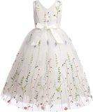 Floral Embroidered Tulle Dress Girls Sleeveless Birthday Wedding Pageant Party Formal Long Tutu Dresses princess dress