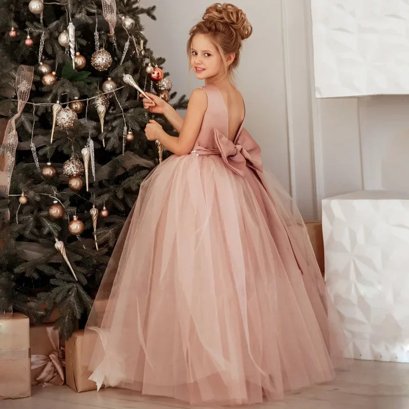 Dusty Pink Pearls Belt With Bow For Wedding Birthday Banquet Prom Ball Holy Communion Gowns Customized Flower Girls Dress