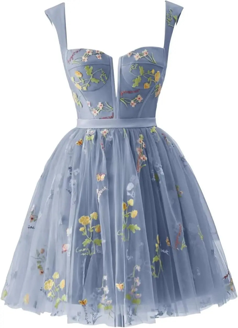 Flower Embroidery Short Tulle Homecoming Dresses for Teens Corset Mini Prom Dress Fairy Formal Party Gown Junior Bridesmaid Gown