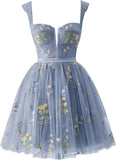 Flower Embroidery Short Tulle Homecoming Dresses for Teens Corset Mini Prom Dress Fairy Formal Party Gown Junior Bridesmaid Gown