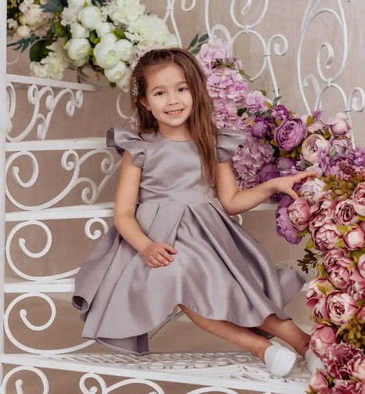 Vestido de niña de flores de satén hecho a medida, color gris, para primera comunión, 2025, corto 