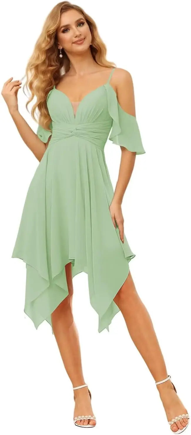 Women's Off Shoulder Chiffon Junior Bridesmaid Dresses Short Pockets Ruffle A Line Formal Dresses with Slit Wedding Party Gown