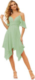 Women's Off Shoulder Chiffon Junior Bridesmaid Dresses Short Pockets Ruffle A Line Formal Dresses with Slit Wedding Party Gown