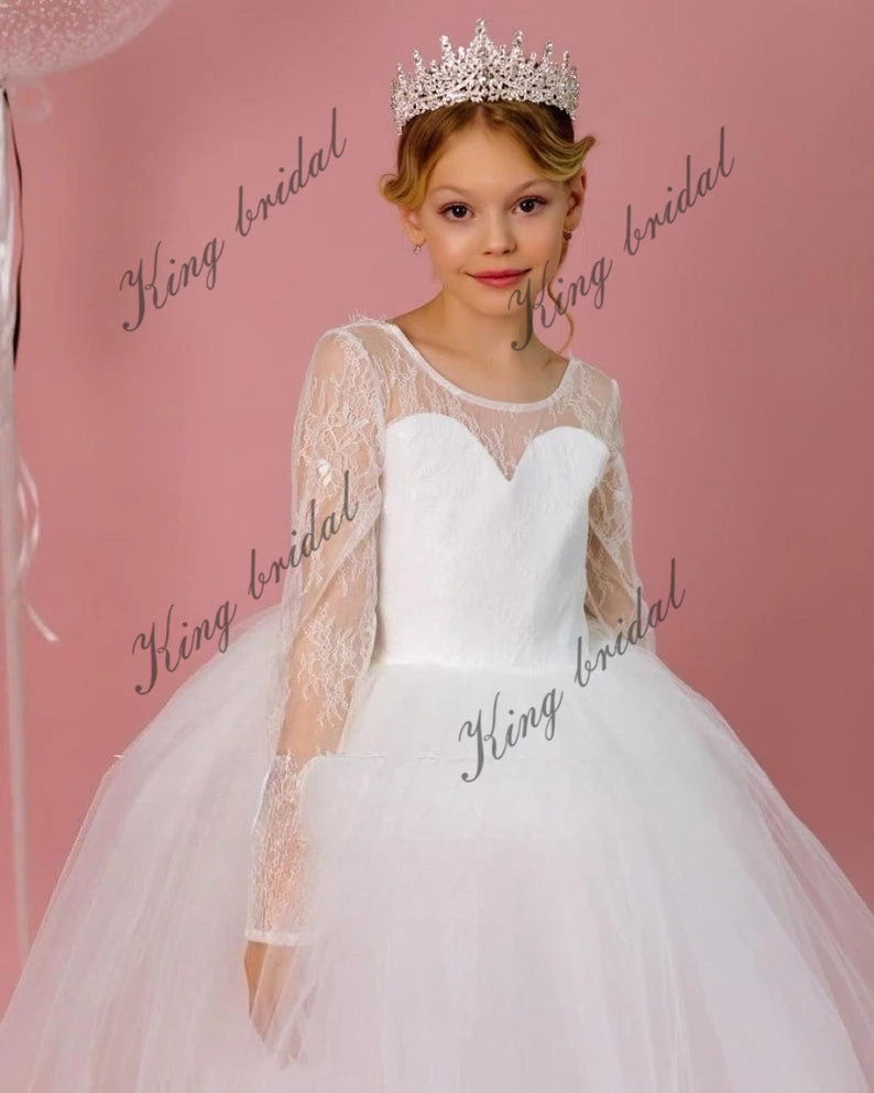 Vestido de tul con encaje y manga larga para niña de las flores, minivestido de novia para niña, vestido de novia hecho a mano, vestidos de desfile para niña 
