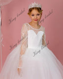 Vestido de tul con encaje y manga larga para niña de las flores, minivestido de novia para niña, vestido de novia hecho a mano, vestidos de desfile para niña 