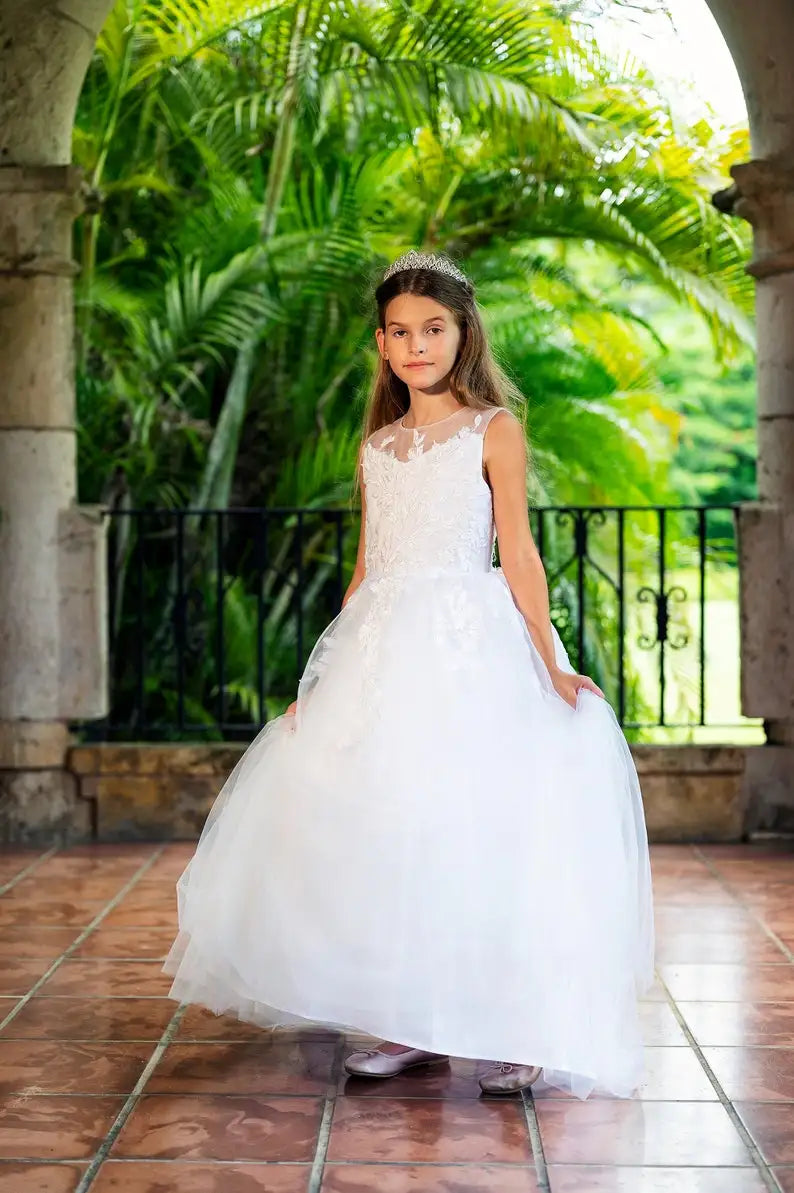 Langes elfenbeinfarbenes Blumenmädchenkleid, bodenlanges Kinderkleid, Spitzen-Tüllrock, Erstkommunionkleid, Ballkleid mit Applikationen 