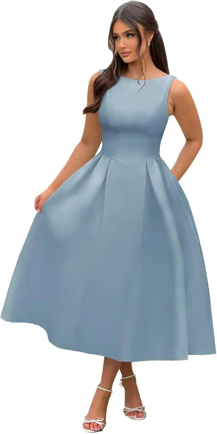 Boat Neck Satin Midi Prom Dresses Tea Length Scoop Back A Line Formal Boat Neck Satin Midi Prom Dresses Tea Length Scoop Back A Line Formal