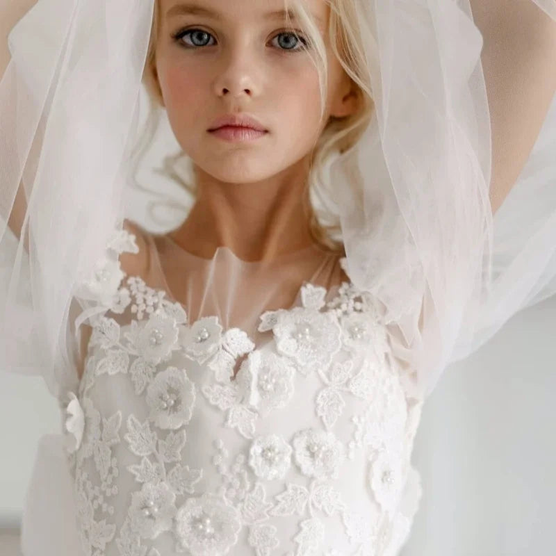 Birthday Party First Communion Gowns Flower Girl Dresses White Tulle Puffy Flower Pattern With Bow Long Sleeve For Wedding
