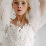 Birthday Party First Communion Gowns Flower Girl Dresses White Tulle Puffy Flower Pattern With Bow Long Sleeve For Wedding