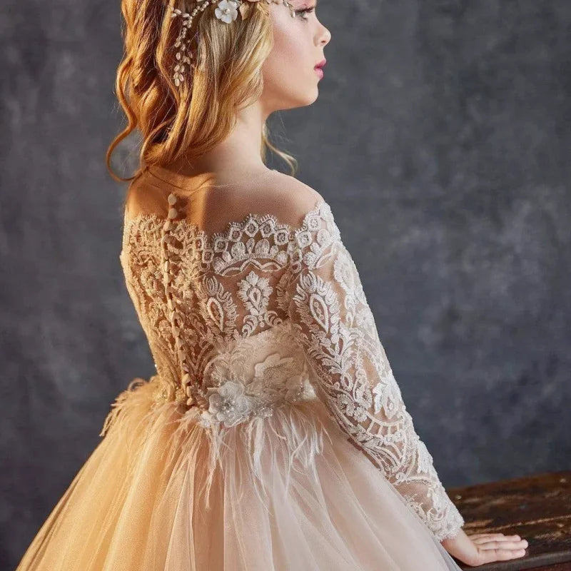 Vestido de tul champán con apliques blancos abullonados y manga larga para bodas, fiestas de cumpleaños y banquetes, personalizado para niñas de las flores. 