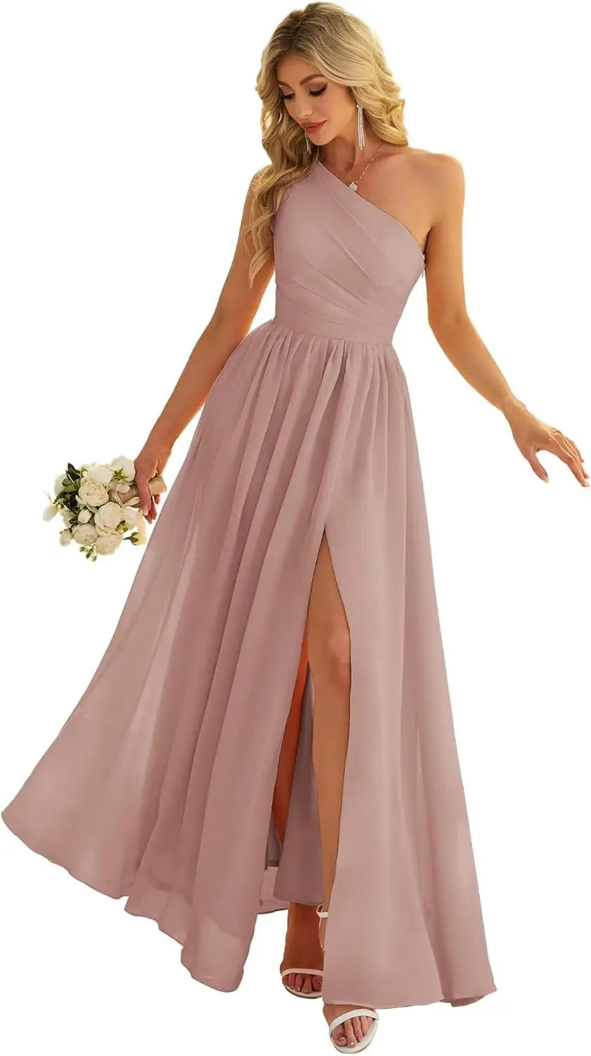 Women's One Shoulder Bridesmaid Dresses for Wedding Chiffon Side Split Reched Formal Evening Dress Sleeveless