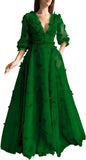Damen Ballkleid mit Puffärmeln, 3D-Schmetterling, langer V-Ausschnitt, Tüll, Ballkleid, formelles Abendkleid 