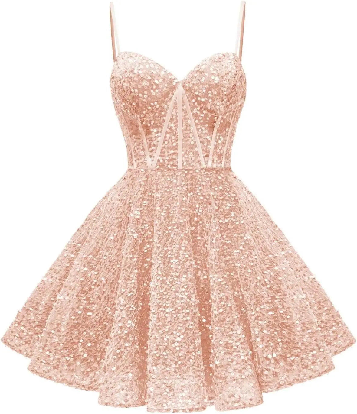 Spaghetti Straps Sequin Homecoming Dress Short Prom Gown with Pockets