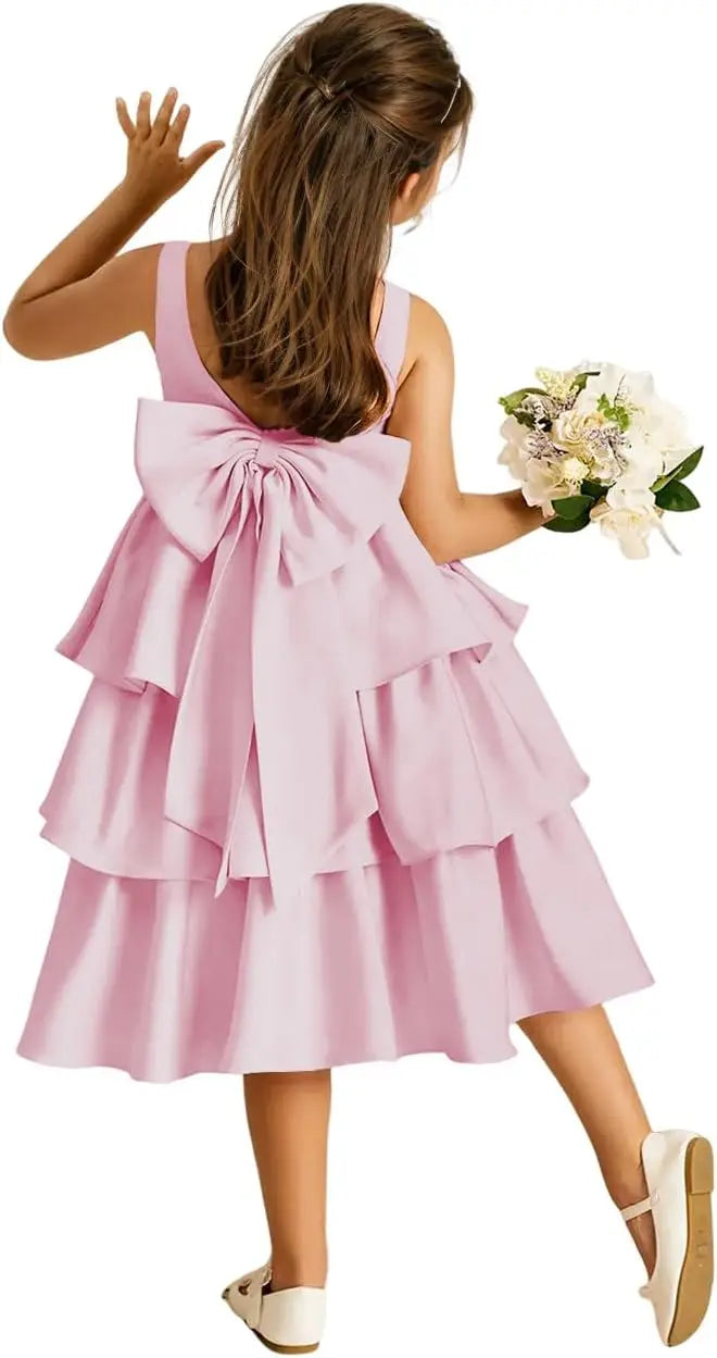 Girls Crewneck Layers Flower Girl Satin Pageant Dress with Bow Knot Backless Birthday Party Formal Dress princess dress