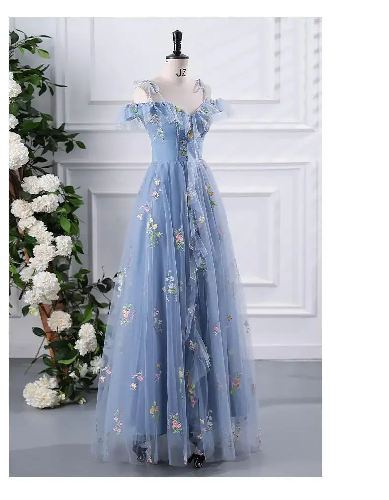 New Spaghetti Strap Evening Dresses Sweet Embroidery Flower Tulle Party Dress Elegant Long A-line Prom Dresses Customized