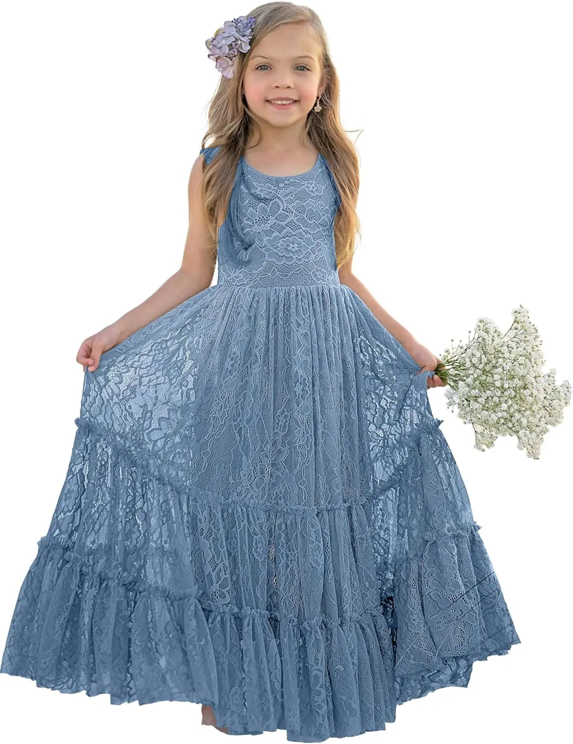 Blumenmädchenkleid Spitze Boho Kleinkindkleider Rüschen Mädchenkleid für Hochzeit Gartenparty Urlaub Kommunion Ärmellos Prinzessin 