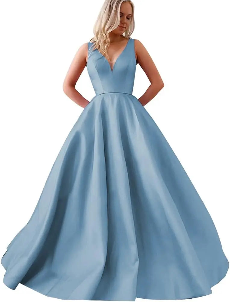 Satin A Line Wedding Dresses for Bride V Neck Prom Dresses with Pockets Simple Long Ball Gowns