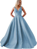 Satin A Line Wedding Dresses for Bride V Neck Prom Dresses with Pockets Simple Long Ball Gowns