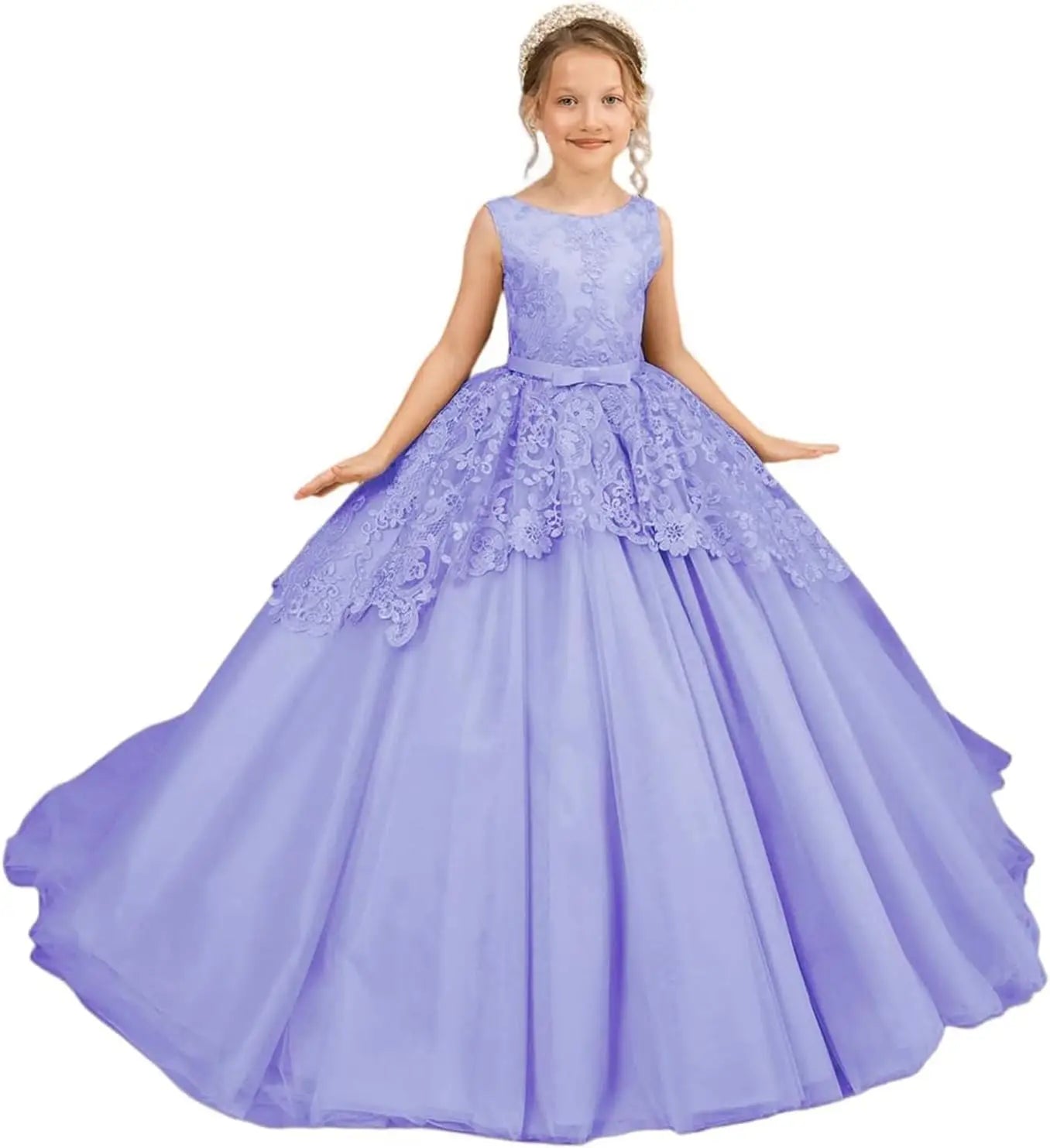 Tüll-Blumenmädchenkleid für Hochzeit, Spitzenapplikationen, bestickt, Prinzessin, Kinderfestzug, Geburtstagsparty, Festzugskleider für Mädchen 