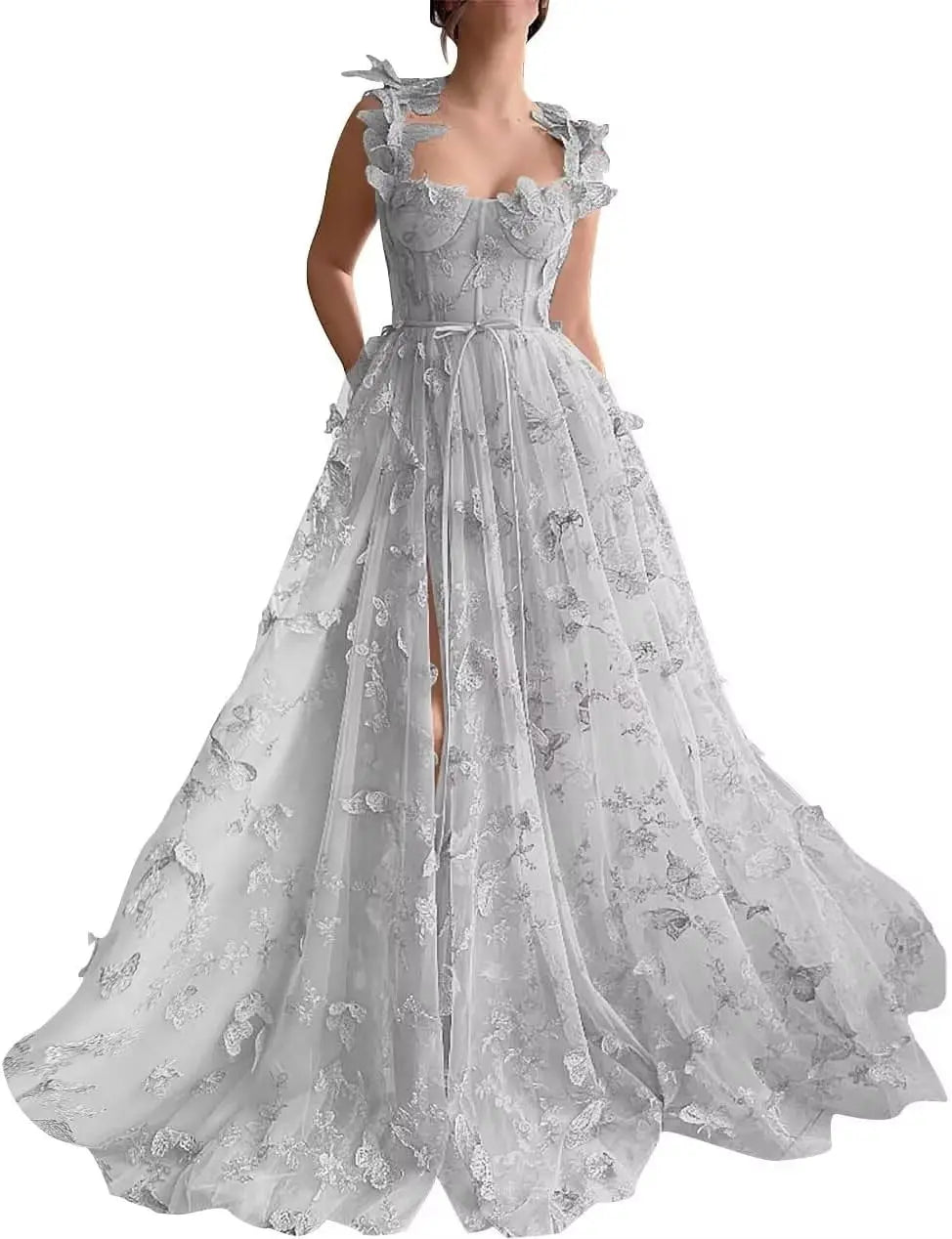 Women's 3D Butterfly Prom Dresses Tulle Ball Gown Fairy Corset Long Slit Lace Applique Formal Evening Dress party dresses