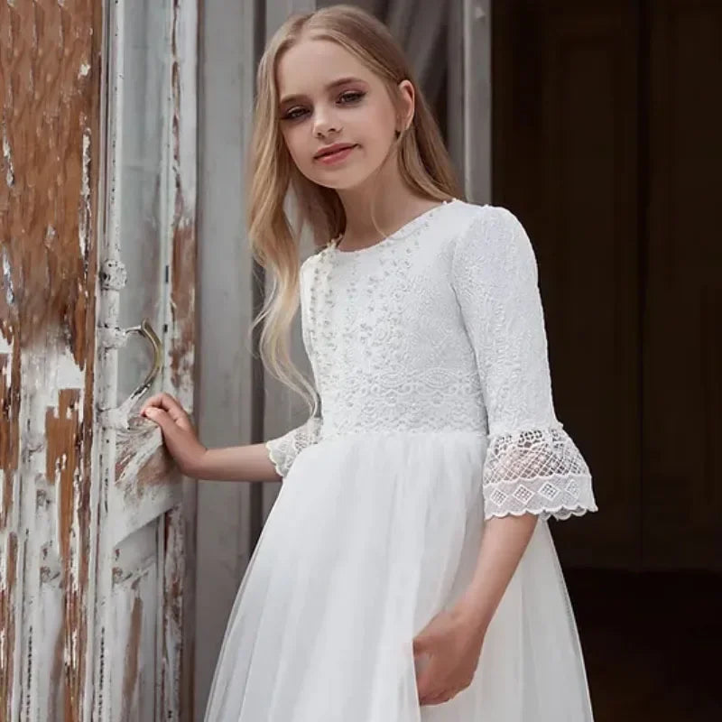 Apliques de encaje de tul blanco de media manga para bodas, fiestas de cumpleaños, banquetes, vestidos de princesa, vestidos bohemios personalizados para niñas de las flores 