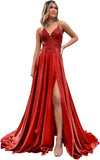 Spaghetti Strap Sequin Applique Prom Dresses with Slit A-Line Long Satin Sparkly Formal Evening Party Gowns party dress