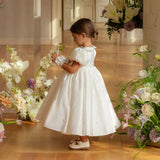 Vestido de desfile para boda, de satén con cuentas, largo hasta los tobillos, estilo princesa, para fiesta de cumpleaños, primera comunión, blanco, para niña de las flores 