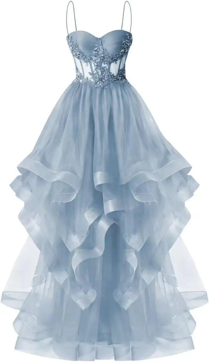 Custom Made Tulle Prom Dresses for Women 2025 Spaghetti Straps Ball Gowns Lace Applique Layered Quinceanera Dresses ball gown