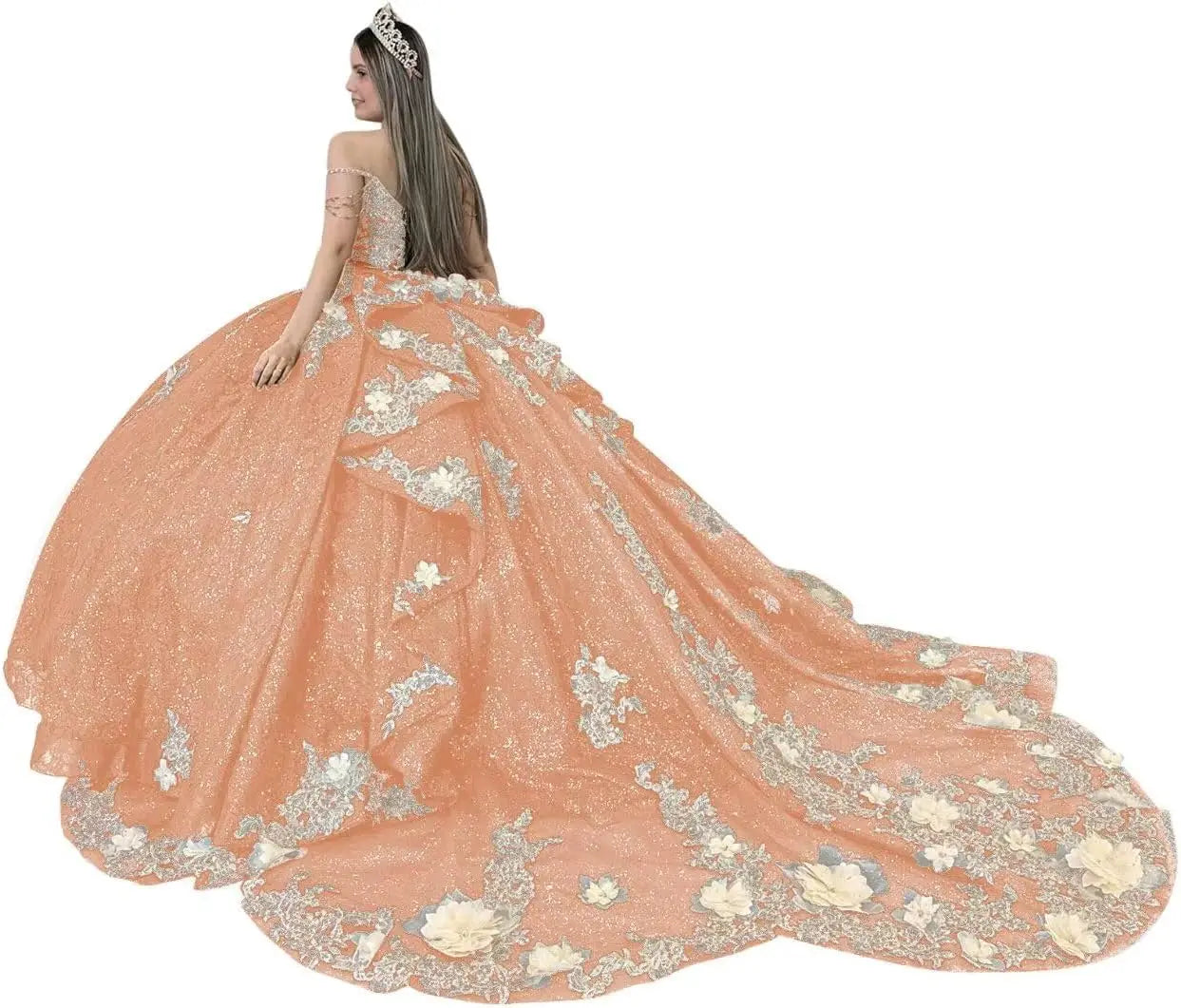 Gold Appliques Quinceanera Dresses with Train Spaghetti Strap Lace Sweet 16 Dresses Layered Ruffles Beaded Ball Gown