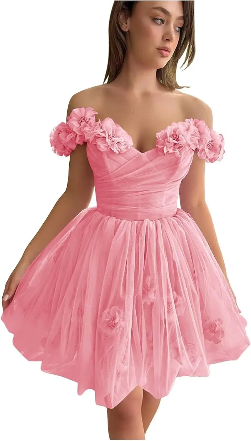 3D Flowers Tulle Girls Homecoming Dresses Short Off The Shoulder Fairy Prom Dress Cocktail Wedding Party Gowns Bridesmaid Gown