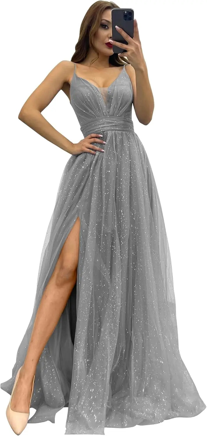2025 Sparkly Tulle Formal Prom Dress Pleated A-Line Ball Gown with Spaghetti Straps Slit for Women Evening Dresses