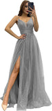 2025 Sparkly Tulle Formal Prom Dress Pleated A-Line Ball Gown with Spaghetti Straps Slit for Women Evening Dresses