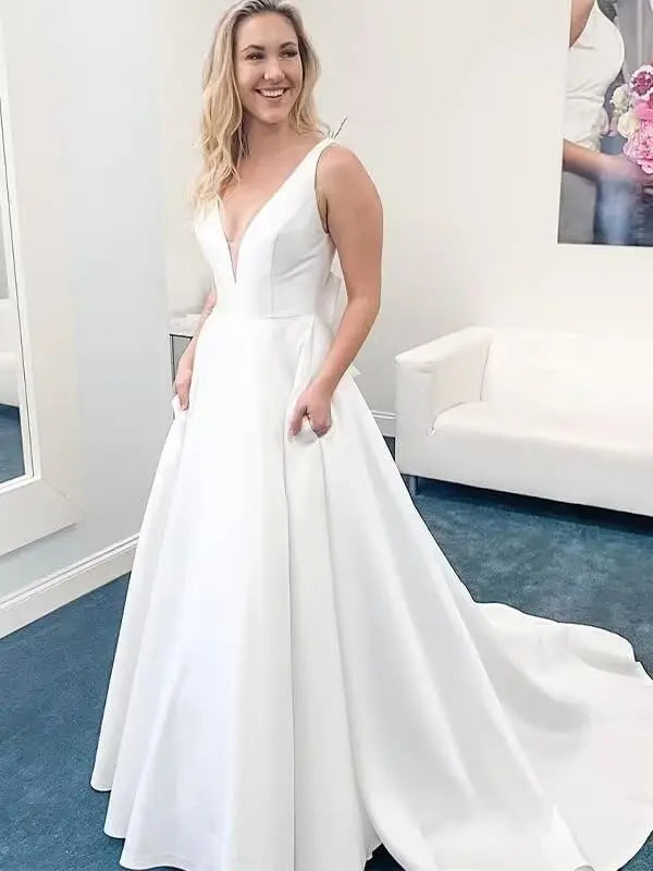 Satin A Line Wedding Dresses for Bride V Neck Prom Dresses with Pockets Simple Long Ball Gowns