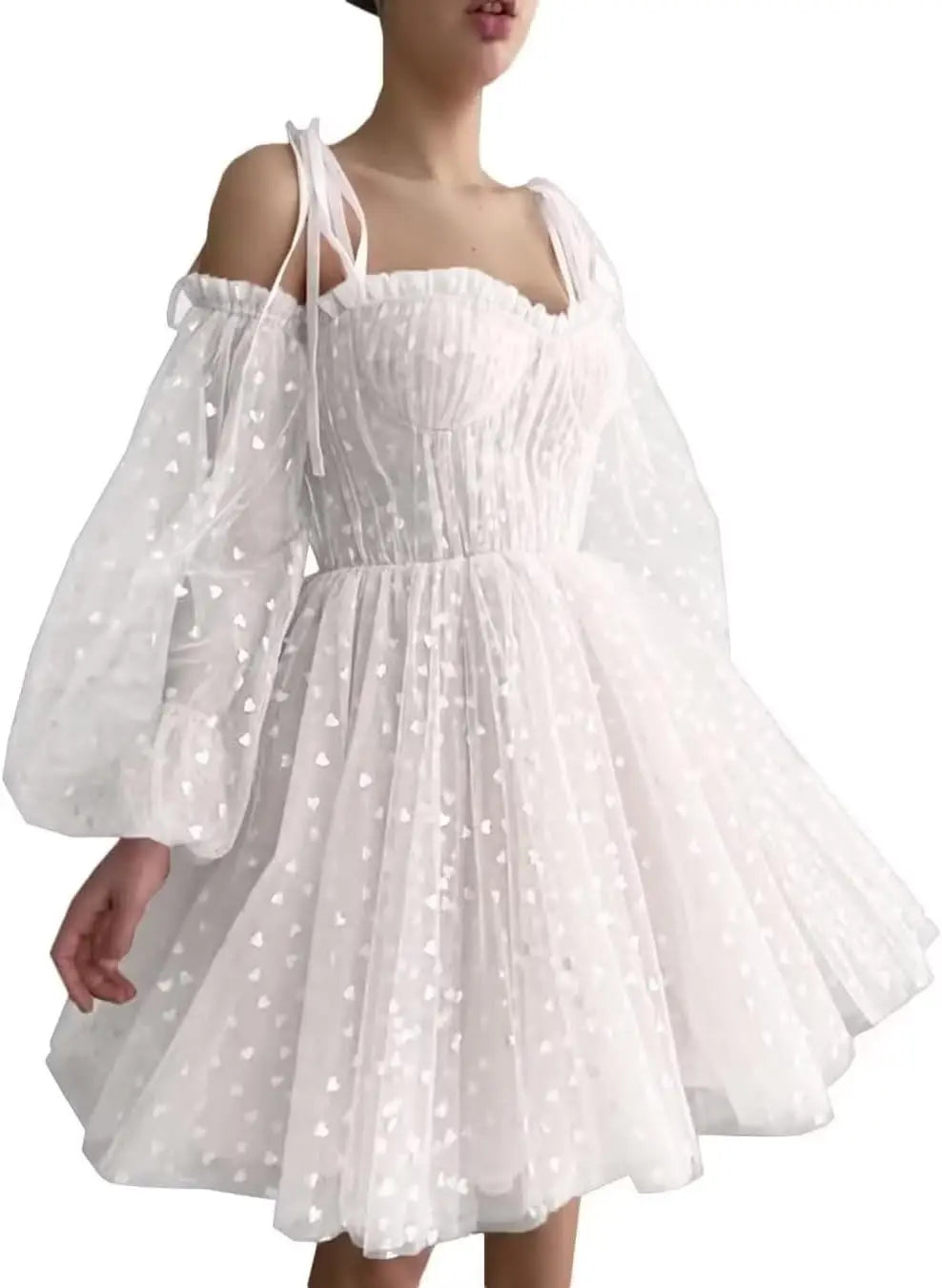 Hübsches Herz, kurzes Tüll-Heimkehrkleid für Teenager, Puffärmel, Mini-Spaghettiträger, formelles Abendkleid, Party-Cocktailkleid 