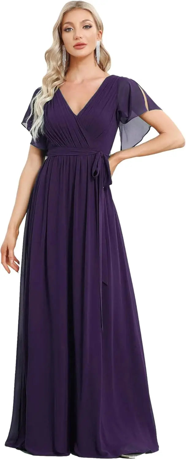 Vestido de dama de honor para mujer, escote en V, mangas con volantes, busto fruncido, largo hasta el suelo, de gasa, vestido formal para invitada de boda. 