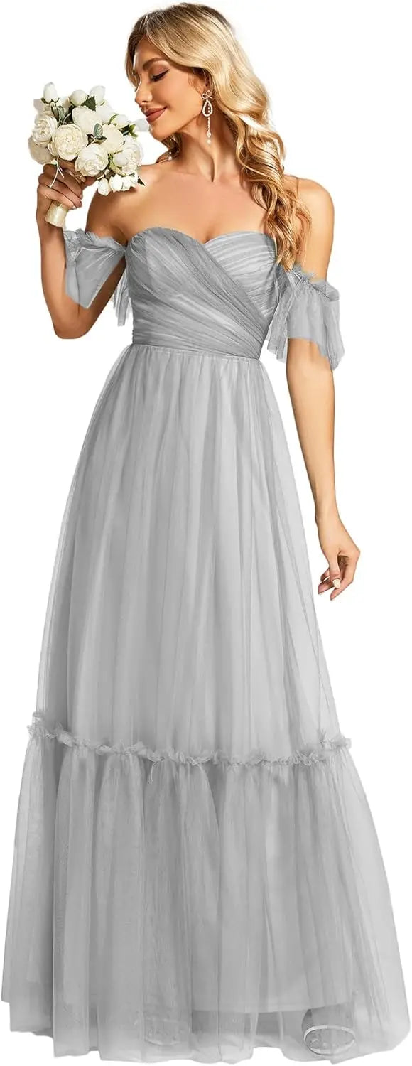 Women's Formal Dress Sweetheart Off-Shoulder Ruched Tulle Maxi Bridesmaid Dresses elegant dress women for wedding party