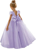 Flower Girls Lace Cap Sleeve Dress for Wedding Puffy Tulle Back V-Neck Pageant Prom Ball Gown with Bow princess dress