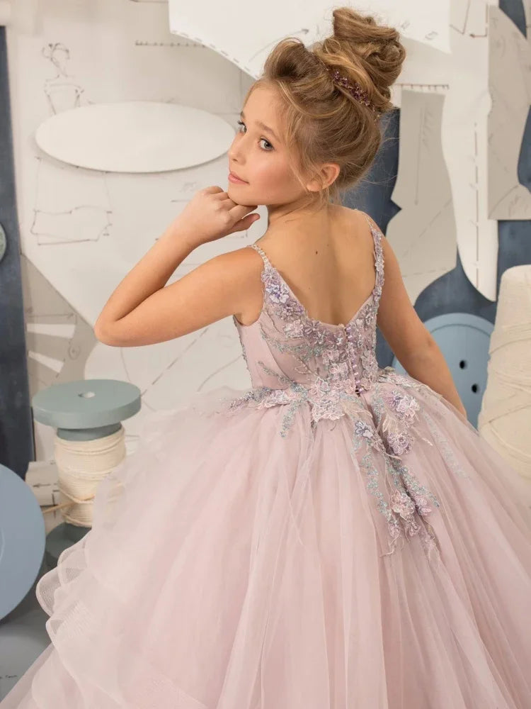 Vestidos de princesa para banquetes de fiesta de cumpleaños, vestidos de niña de las flores de tul rosa polvoriento con estampado floral escalonado, sin mangas para boda 