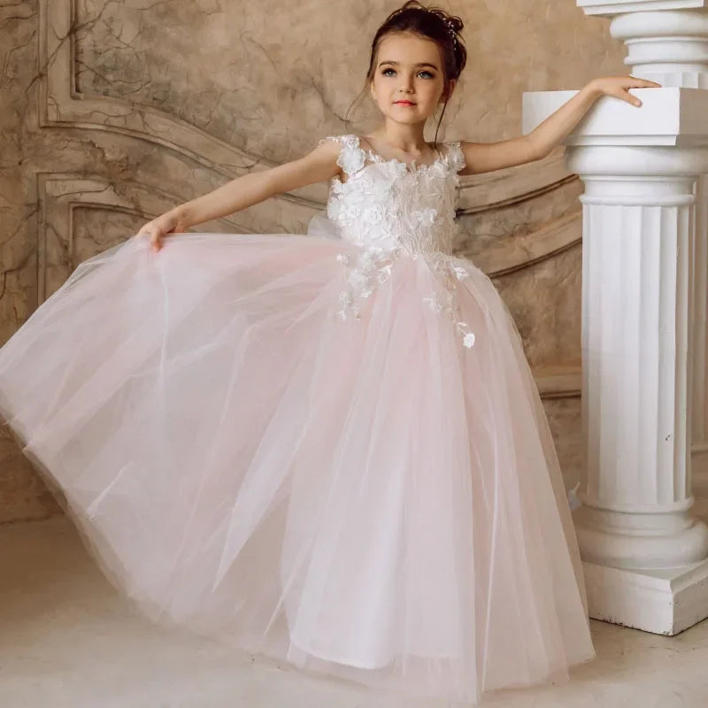 Apliques de flores blancas y rosas con lazo sin mangas para bodas, fiestas de cumpleaños, comuniones, vestidos personalizados para niñas de las flores. 